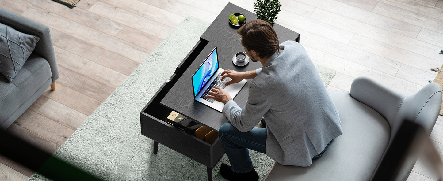 OLIXIS Wood Lift Top Coffee Table with Hidden Compartment and Large Storage Shelf, Lift Tabletop Dining Center Table for Home Living Room Office, Black