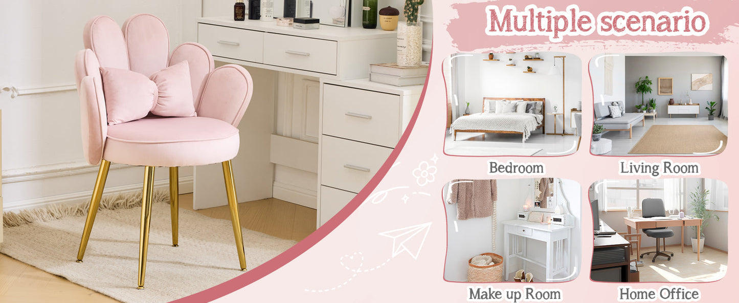Makeup Vanity Chair with Back,Flower Cute Girls Desk Chair Comfy No Wheels,Modern Dining Chair,Small Accent Chair with Adustable Gold Legs&Bow Pillow for Home Office,Bedroom,Velvet,Pink