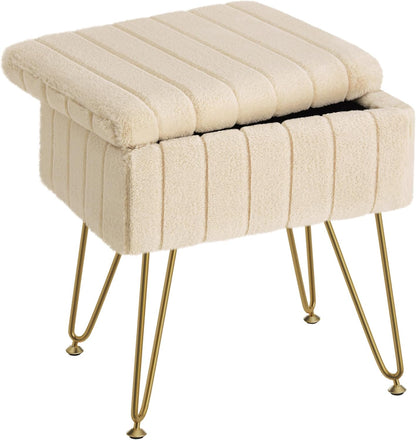 Vanity Stool Chair Faux Fur with Storage, 15.7"L x 11.8"W x 19.4"H Soft Ottoman 4 Metal Legs with Anti-Slip Feet, Furry Padded Seat, Modern Multifunctional Chairs for Makeup, Bedroom White