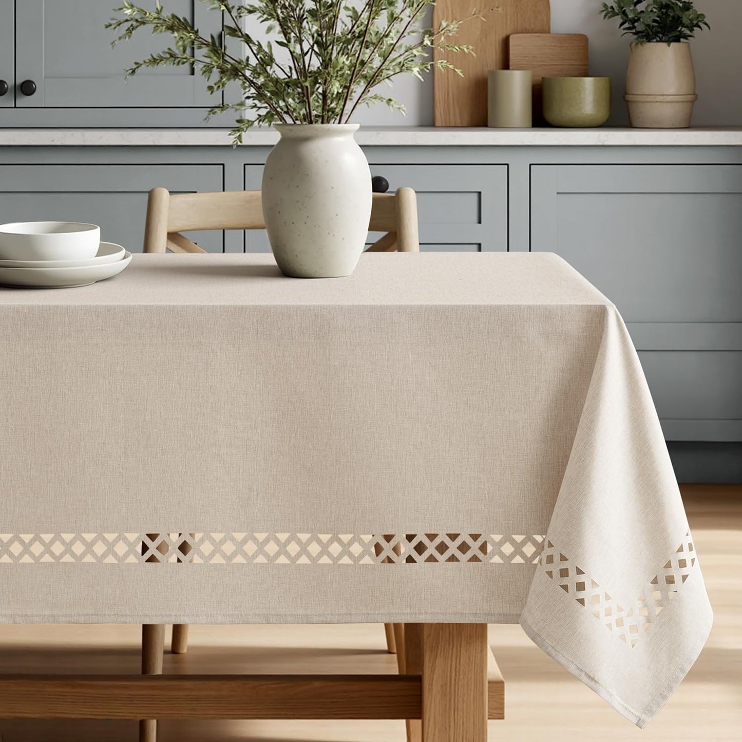Beige Rectangle Linen Polyester Tablecloth with Decorative Cutouts Spring Waterproof Stain Resistant & Shrink-Proof Table Cloth 52x70 inch Farmhouse Style for Dining Wedding and Outdoor