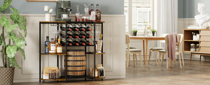 JKsmart Wine Bar Cabinet with LED Lights, Mini Wine Rack with Storage and Glass Holder, Home Bar Cart for Liquor, 3-Tier Bar Table for Kitchen, Dining Room, Living Room, Rustic Brown