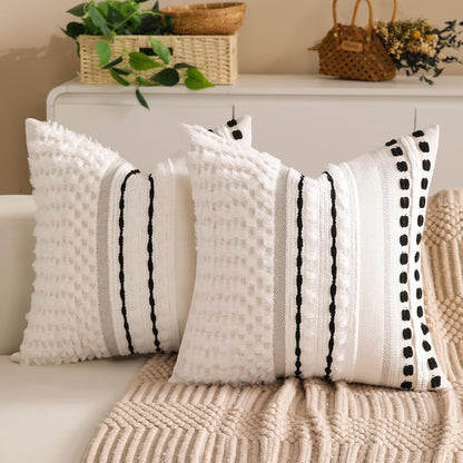 Boho Chenille Tufted Couch Throw Pillow Covers 18x18 Inch Set of 2 Farmhouse Striped Decorative Pillow Covers Accent Neutral Square Pillowcase Green Cushion Covers for Livingroom Sofa Bed