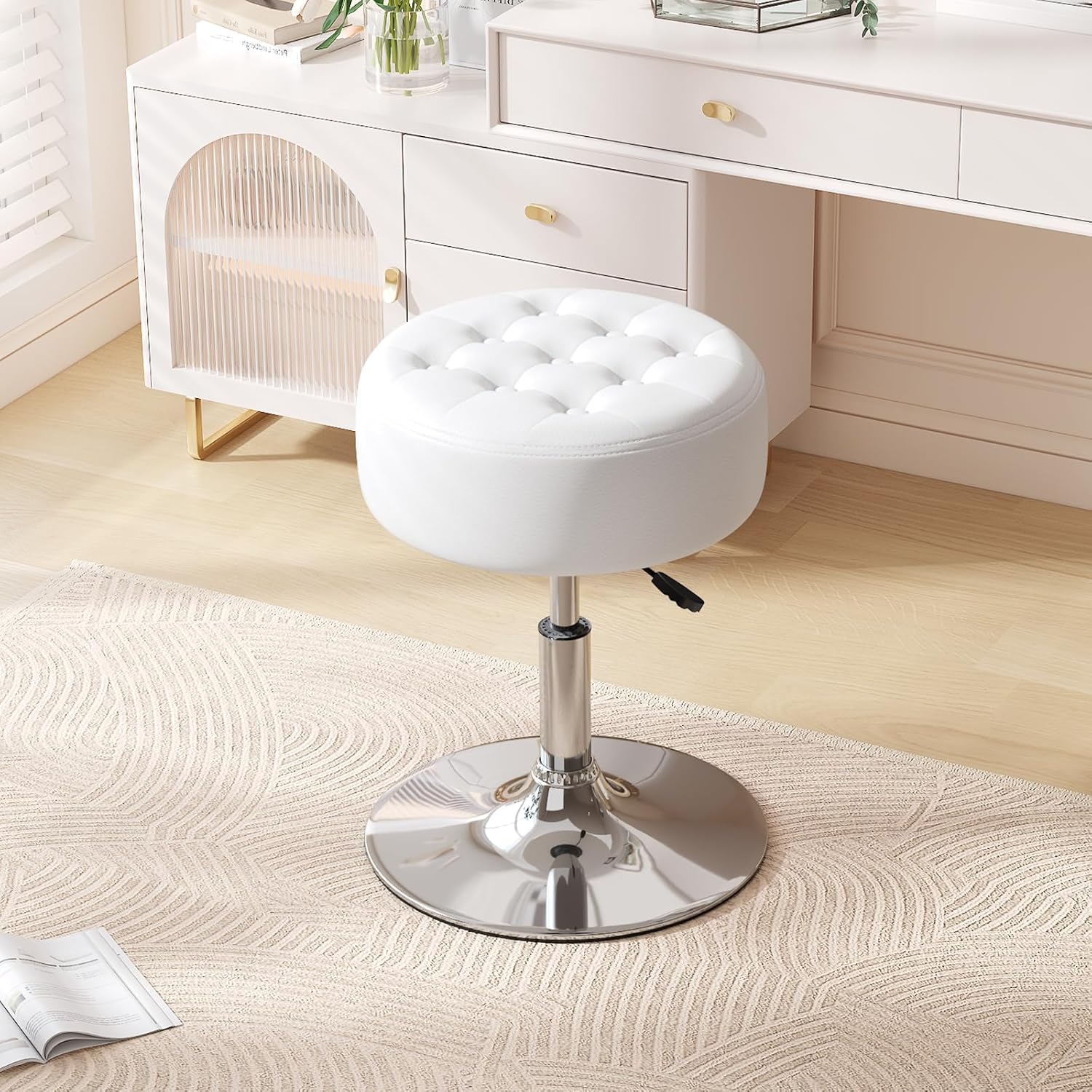 Mid-Century Tufted Adjustable Swivel Makeup Ottoman Stool; Modern Big Size Round Vanity Stool Chair for Bedroom Living Room (White)