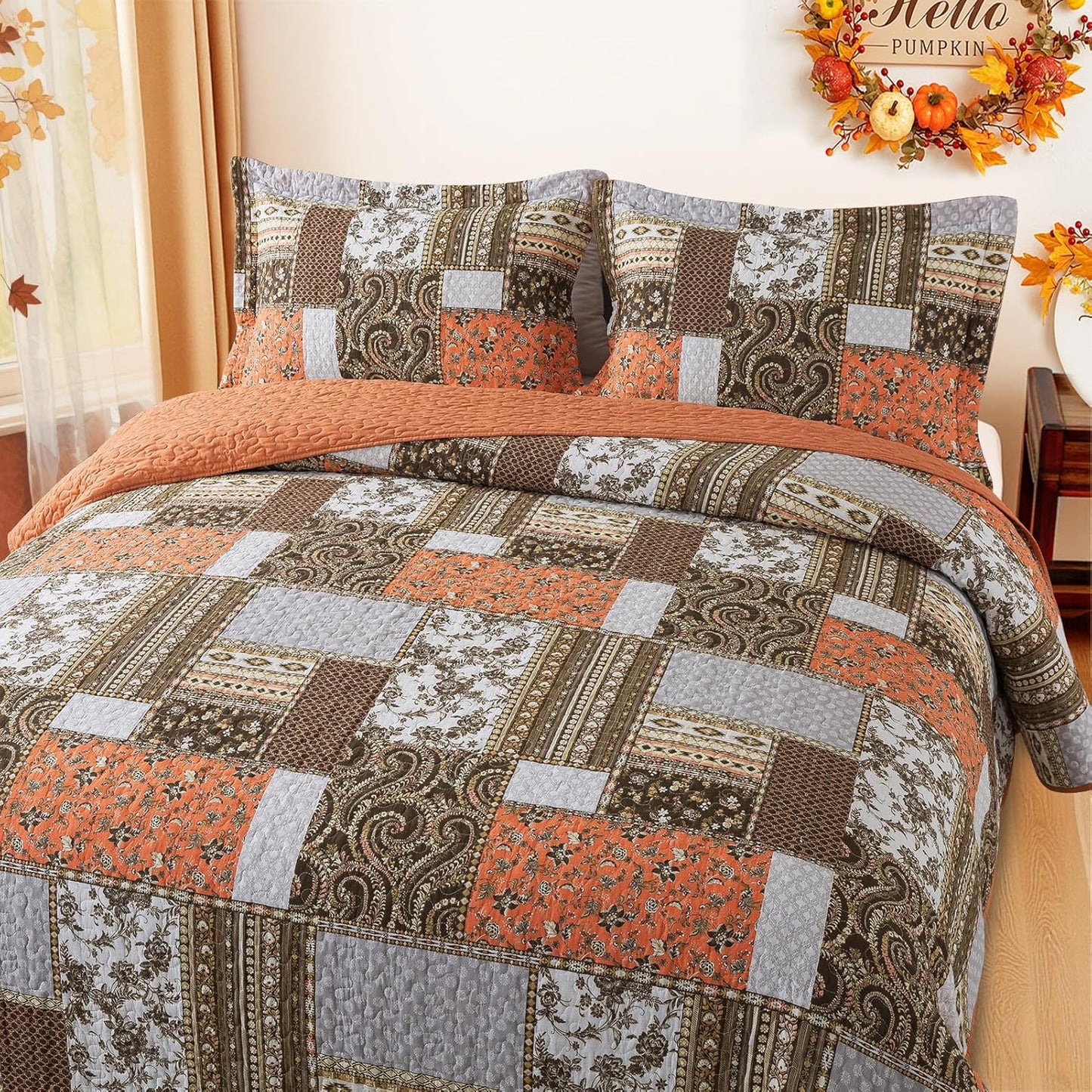Farmhouse Cotton Quilts Queen Size for Fall - Lightweight Patchwork Autumn Bedspread Set for Bed Coverlet - Highly-Woven Soft Reversible Bed Spread for All Seasons (Floral Orange) 3 Pieces