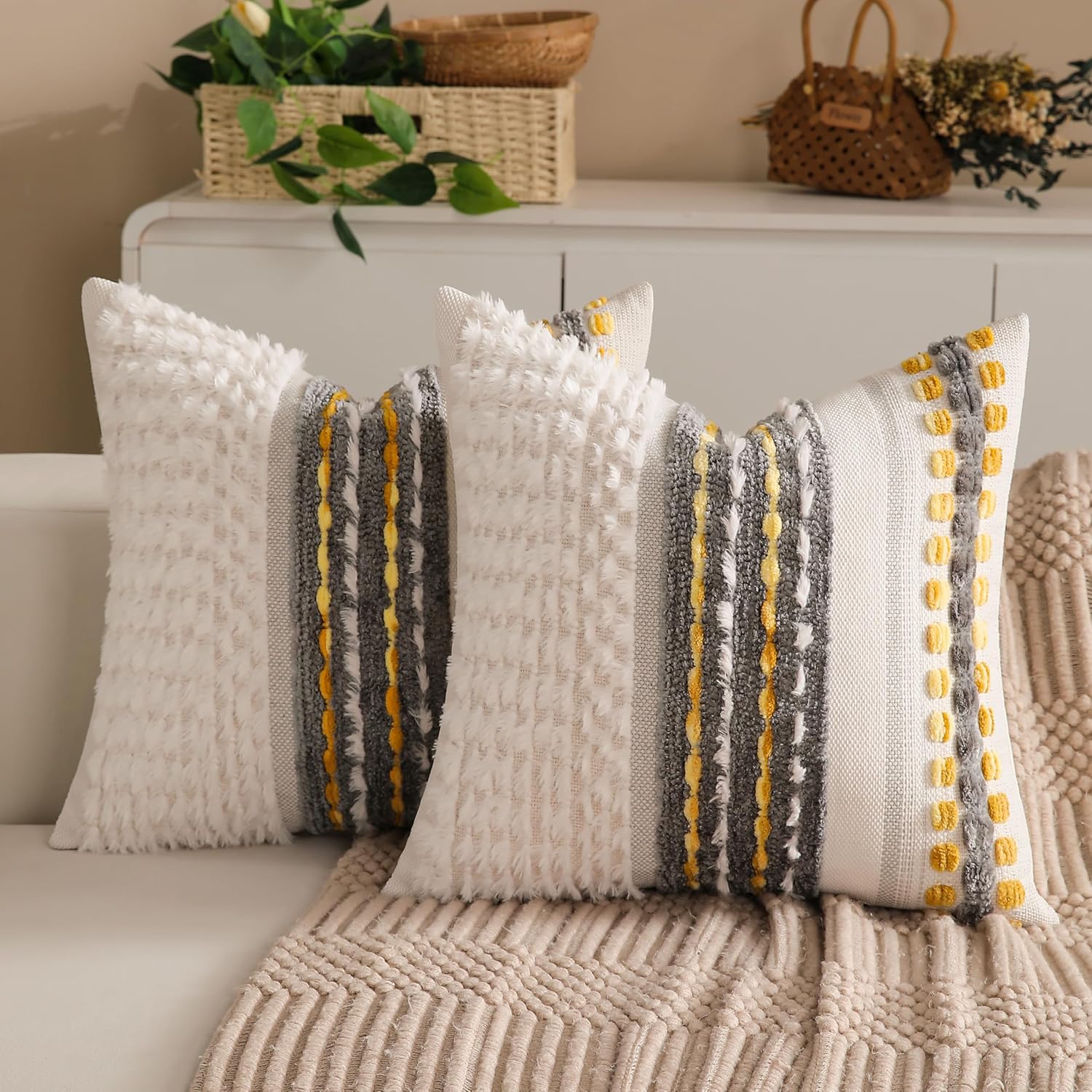 Boho Chenille Tufted Couch Throw Pillow Covers 18x18 Inch Set of 2 Farmhouse Striped Decorative Pillow Covers Accent Neutral Square Pillowcase Green Cushion Covers for Livingroom Sofa Bed