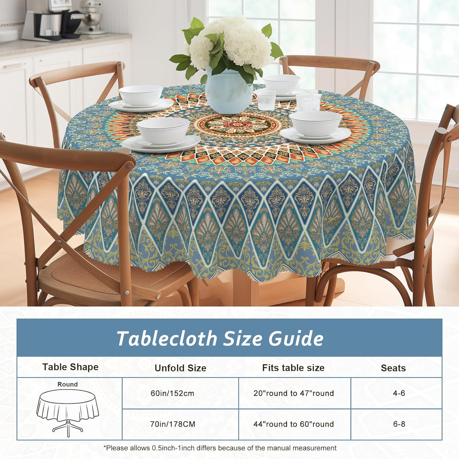 Bohemia Round Tablecloth,Tablecloth Waterproof and Wrinkle-Free, Boho Table Covers, Summer Decorations for Home 60inch