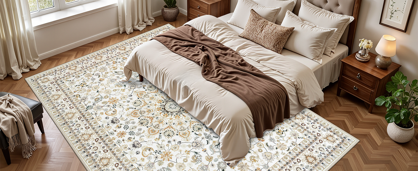 5x7 Area Rugs Living Room Rug: Washable Vintage Boho Rug No Slip Stain Resistant Soft Carpet Indoor Floor Floral Large Carpets for Bedroom Dining Room Farmhouse Nursery Hallway Home Office Beige