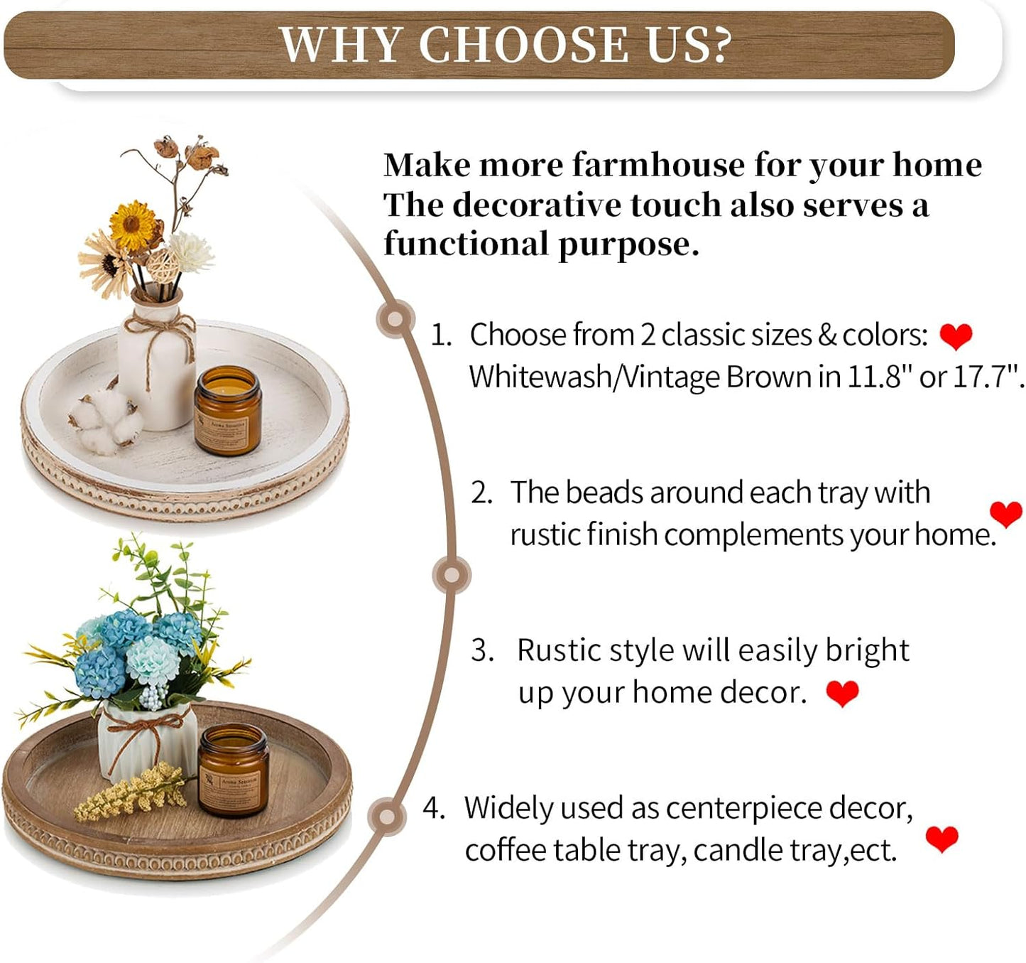 Round Wooden Decorative Tray: White Washed Bead Tray Decor for Coffee Table Centerpiece Rustic Farmhouse Tray for Kitchen Counter Living Room Decoration