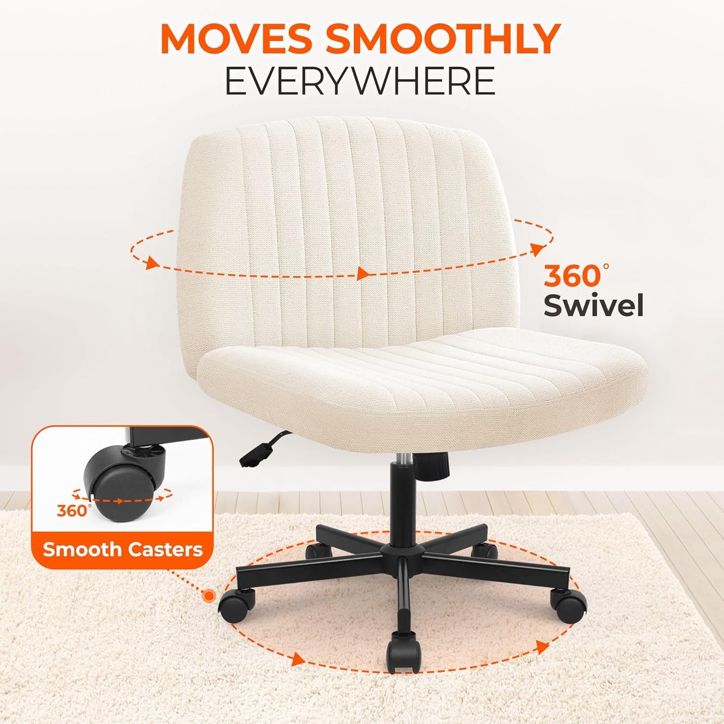 Chair Wheels Wide Cross Legged Office Desk Vanity Chair Comfy Fabric Armless Adjustable Swivel for Home Computer Task (Beige Wheel, Fabric)