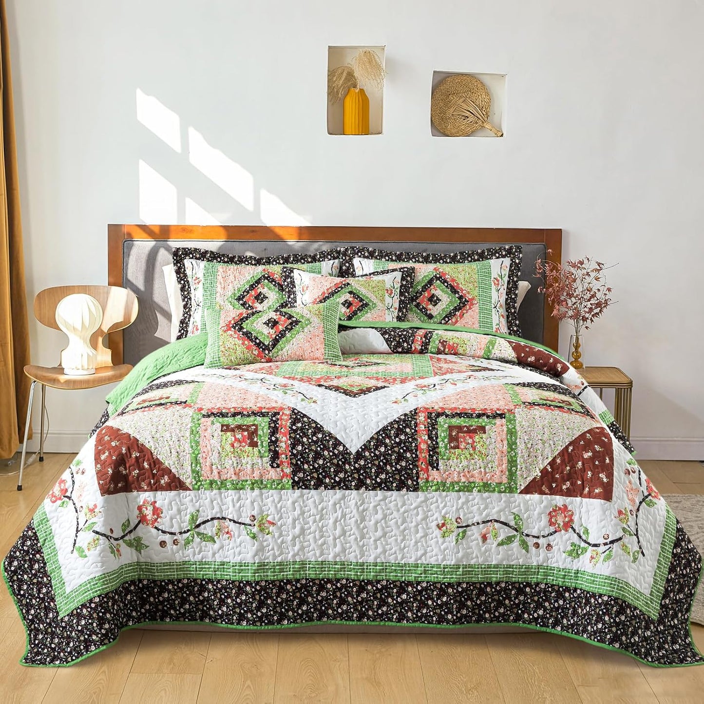 Farmhouse Cotton Quilts Queen Size for Fall - Lightweight Patchwork Autumn Bedspread Set for Bed Coverlet - Highly-Woven Soft Reversible Bed Spread for All Seasons (Floral Orange) 3 Pieces