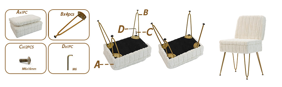 Vanity Chair with Storage, Comfy Ottoman with Folding Back, Faux Fur Vanity Stool with 4 Metal Legs for Make Up, Furry Padded Seat with Anti-Slip Feet for Bedroom Dressing Room