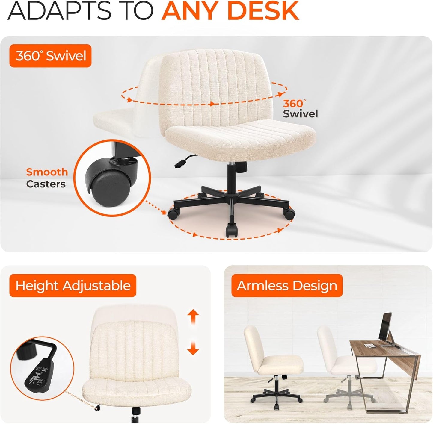 Chair Wheels Wide Cross Legged Office Desk Vanity Chair Comfy Fabric Armless Adjustable Swivel for Home Computer Task (Beige Wheel, Fabric)