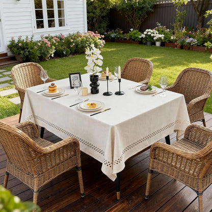 Natural Tablecloth, Rectangle Tablecloth with Decorative Cutouts, Stain Resistant & Wrinkle Free Table Cover for for Dining Table (Natural Cotton Linen, 70" x 52" (Rectangular))