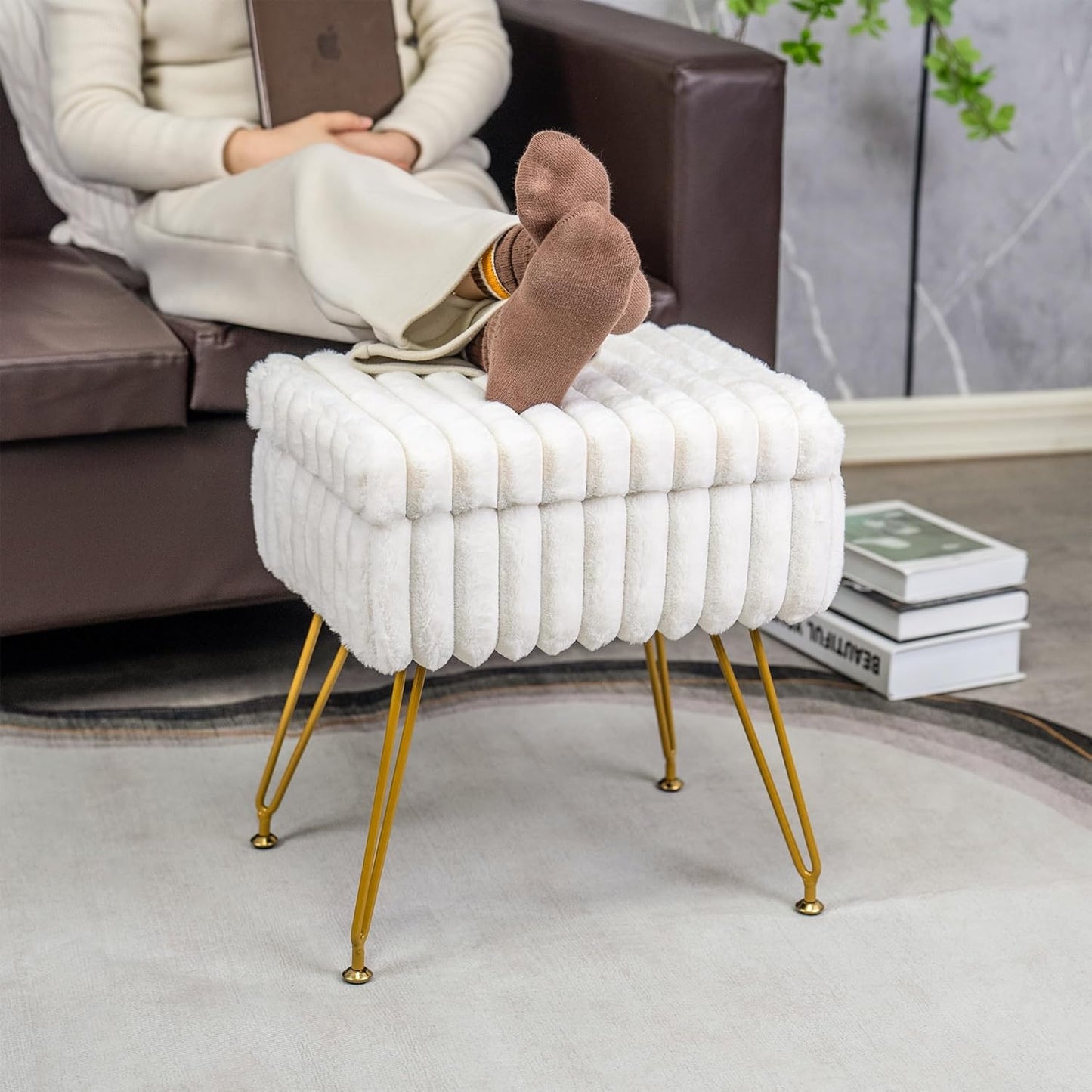 Faux Fur White Vanity Stool Chair with Storage Ottoman, Vanity Chair for Makeup Room, Vanity Stools for Bedroom, Footrest with Metal Legs and as a Coffee Table, White