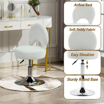 Small Vanity Chair, 360 Swivel Vanity Stool with Folding Back for Teenager, Comfy Teddy Ottoman Stool for Bedroom, Dressing Room, Teddy Fabric, White