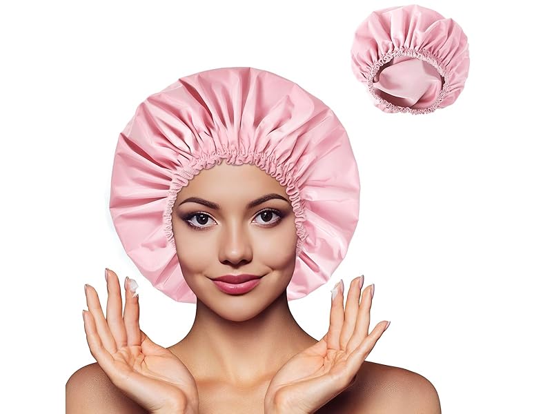 Shower Cap for Women, Double Layer Waterproof Bath Cap, Reusable Hair Protector, Large Waterproof Shower Bonnet Washable Elastic Band Bath Hair Hat for Long Hair, Braids， - Pink